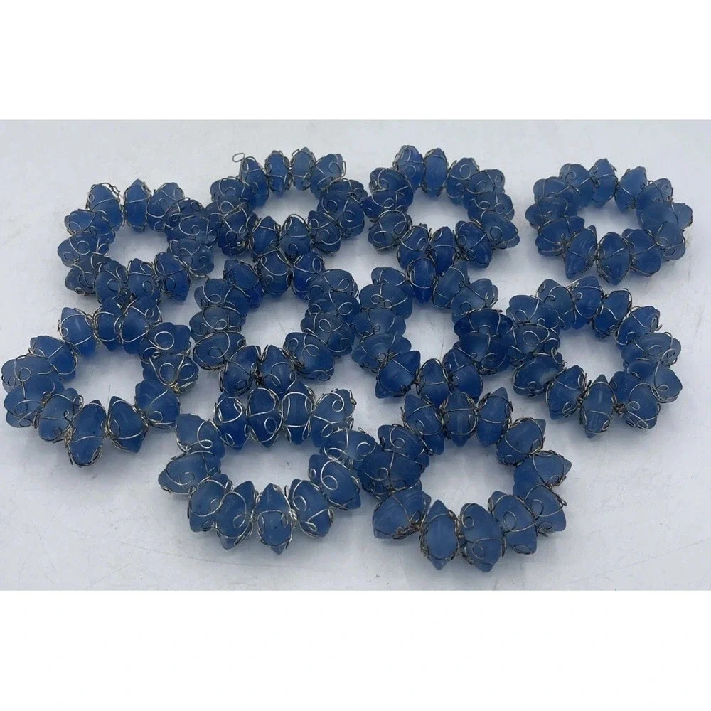 VTG Blue Beaded Stone and Wired Napkin Rings Set Of 10 Coastal Boho Abstract